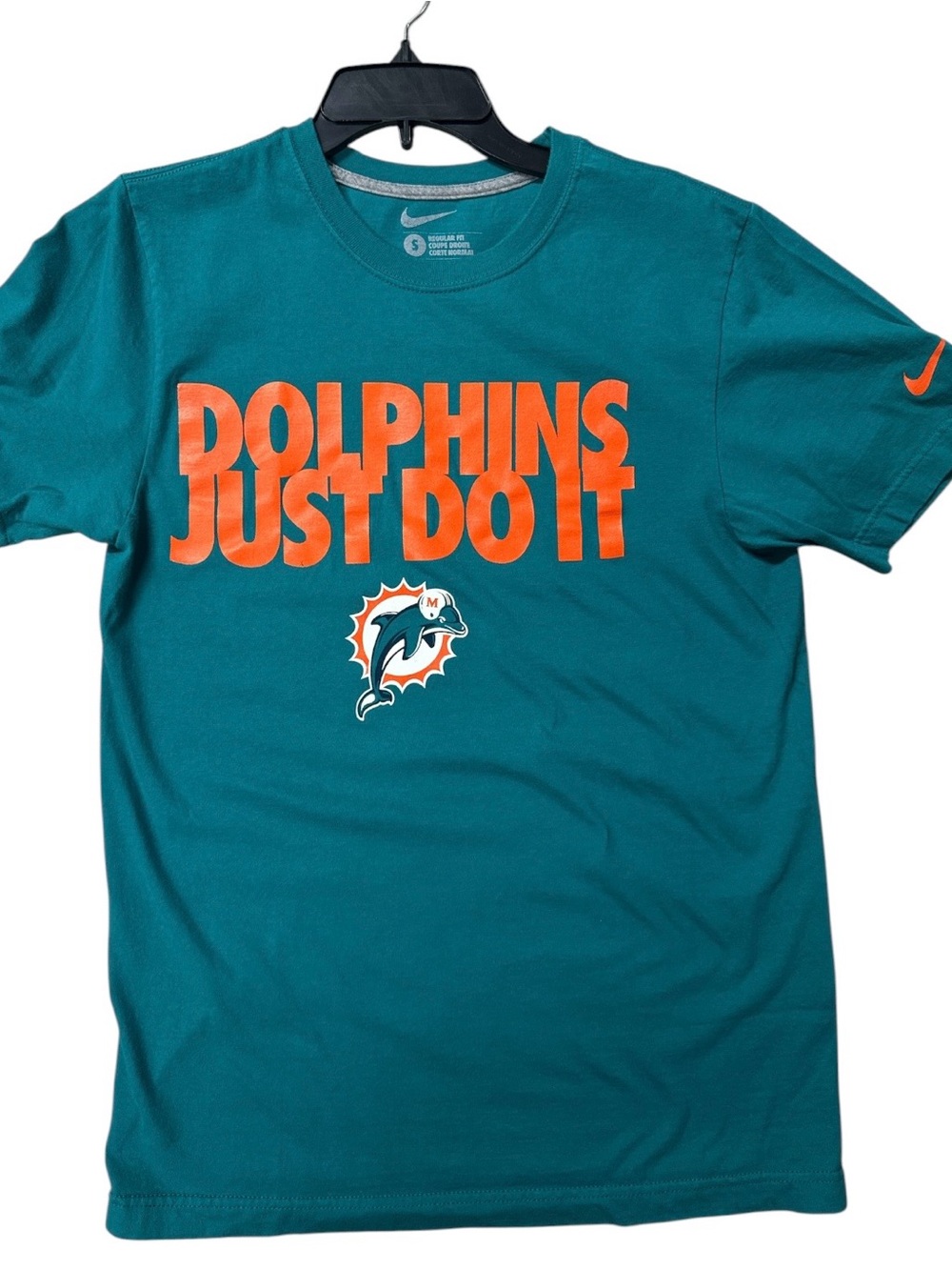 Nike unisex Miami Dolphins Teal T-Shirt with Orange 'Dolphins Just Do It' Print